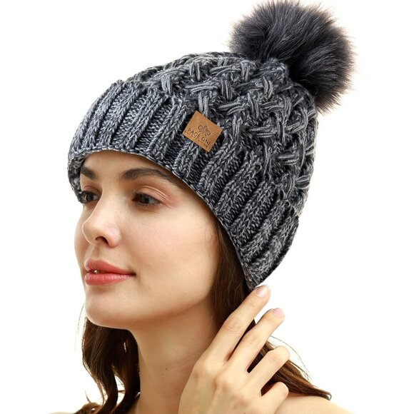 Women’s Mixed Dark Grey Winter Ribbed Beanie Hat Chunky Cable Knit Pompom Warm - Picture 2 of 5